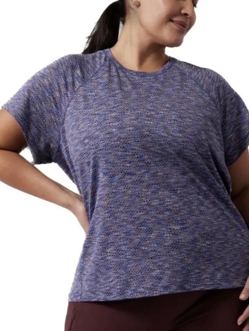 Athleta Heathered Blue-Purple Short Sleeve Crewneck Tee Ultimate Train Tee mesh